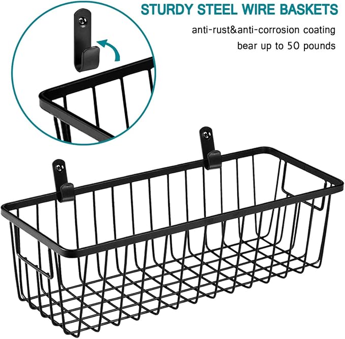SheeChung 4 Pack Farmhouse Metal Wire Basket Bin with Wall Mount and 2 Pack Bathroom Soap Dishes Tray with Drain Metal Sponges Scrubber Holder Bar Soap Dispenser Saver