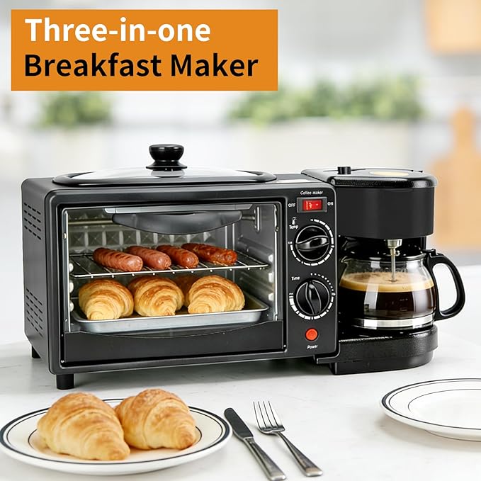 3-in-1 Breakfast Machine with Coffee Maker, Toaster, Non-Stick Griddle, Multi-Function Breakfast Machine with Timer, Kitchen Appliance Ideal for Apartments and Small Kitchens