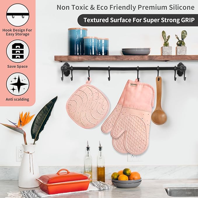 Pink Oven Mits, Heat Resistant, Non-Slip Grip Pattern, Baking Gloves for Oven, Kitchen Pot Holders,1 Pair
