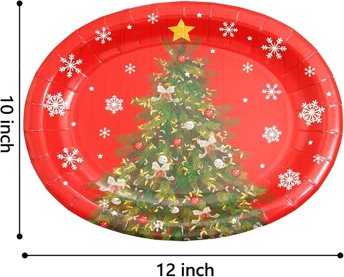 WDF 50Pack Christmas Paper Plates - Oval Paper Plates 10" x 12" for Party Supplies Christmas Trees Large Disposable Platter for Serving Tray Baby Shower Birthday