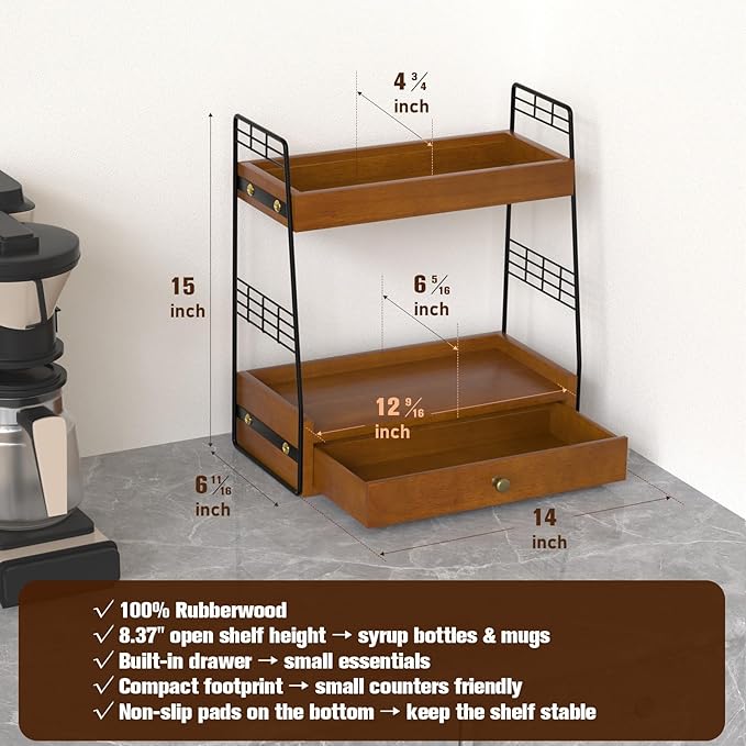 Coffee Bar Station Organizer with Built-In Drawer, 2-Tier Countertop Shelf for Tea Bags, Coffee Accessories, Syrup Bottles (Walnut)