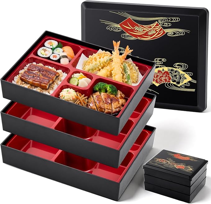 Teenyyou 1 Pcs Three -Tier Japanese Lunch Bento Box 10.6 x 8.3 x 6.1 Inch Japanese Stackable Lunch Box Divided Bento Container with Greaseproof Gift for Sushi Meal Snack Home Restaurant