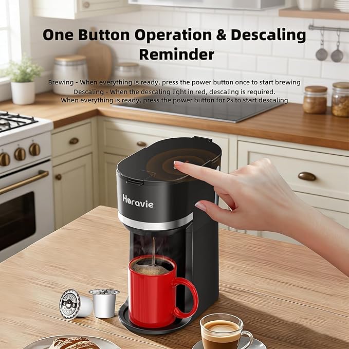 Horavie Mini Single Serve Coffee Maker for K Cup and Ground Coffee, Fast Brew One Cup Coffee Machine with Descaling Reminder and Water Window, 6 to 12 oz. Brew Sizes, Black