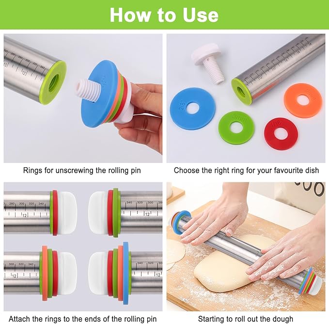 Rolling Pin with Thickness Rings and Red Silicone Baking Mat, Adjustable Stainless Steel Rolling Pins for Pasta or Sugar Decorating Cookies, Bread Making Tools Fondant Roller for Dough, Dumpling