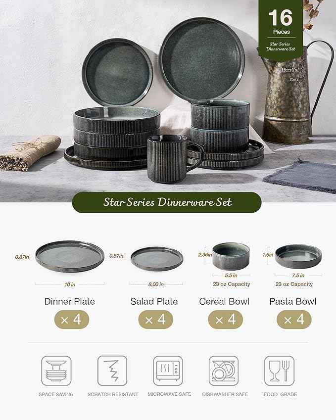 Famiware Star Stoneware Dinnerware Sets for 4 (16pcs), Chip and Scratch Resistant, Microwave & Dishwasher Safe Complete Dishes, Pasta Bowl, Cereal Bowl, Dinner Plate, Salad Plate, Ribbed, Deep Forest