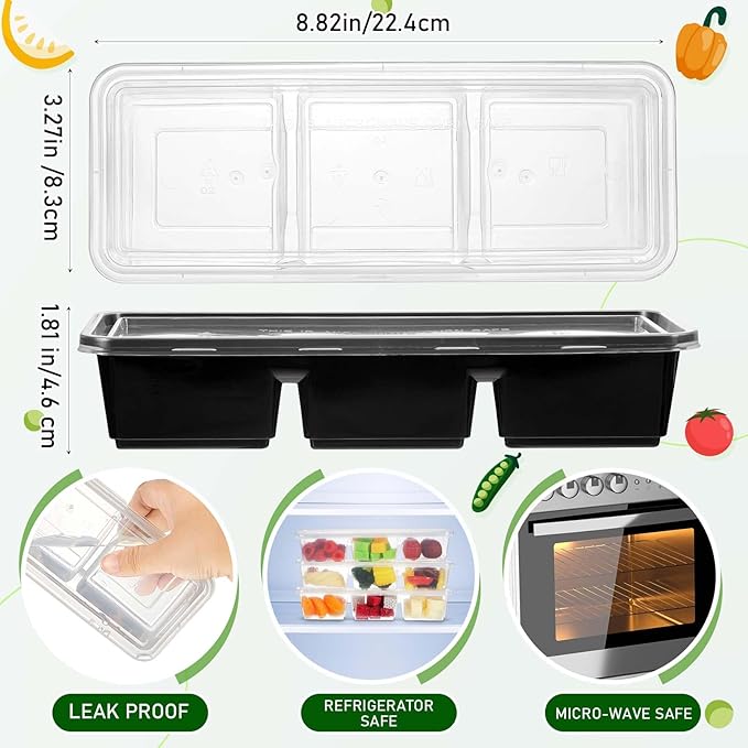 Hushee 25 Pack 17 oz Small Meal Prep Containers with 3 Compartments Snack Containers with Lid Disposable Plastic Bento Box Travel Lunch Food Boxes Stackable for Office Picnic (Black,Clear)