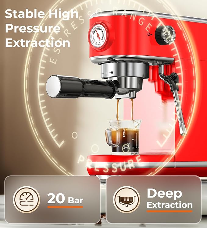 atatix 20 Bar Espresso Machine with Milk Frother, Compact Espresso Maker, Stainless Steel Coffee Machine with Precise Temp Control & 44oz Removable Water Tank for Latte, Cappuccino, Red