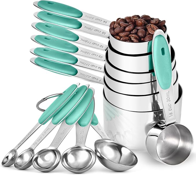 U-Taste Measuring Cups Spoons Set: 18/8 Stainless Steel 12 Pieces Stacking Kitchen Baking Cooking Food Measure Scoop Set, 7 Cups & 5 Spoons with Strengthened Weld Joints (Aqua Sky, Upgraded Version)