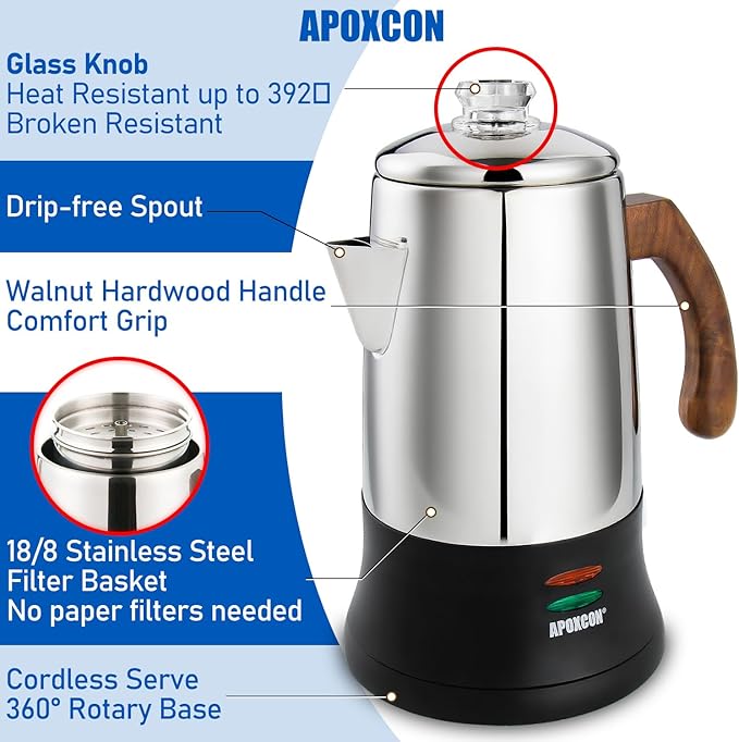 APOXCON Electric Coffee Percolator Stainless Steel Coffee Maker with Tough Glass Clear Brew Progress Knob & On/OFF Switch Keep Warm Cordless Serve for Home and Hotel Room Use Gift Box Packaging 6 Cup
