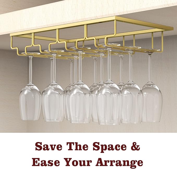 Nuovoware Wine Glass Rack, 4 Rows Wine Glass Holder Storage Hanger Metal Organizer Under Cabinet Stemware Rack for Bar Kitchen Cabinet, Nano Golden