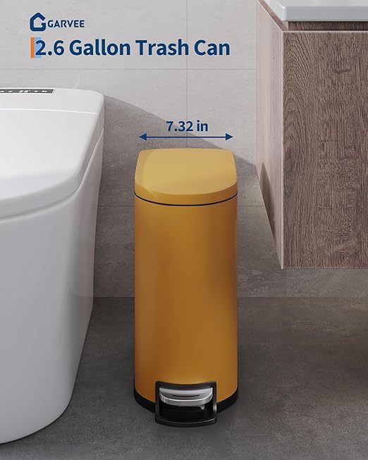 GarveeHome 2.6 Gallon Bathroom Trash Can, Space-Saving Slim Stainless Steel Step-On Garbage Bin with Soft Close Lid, Removable Inner Bucket for Bathroom & Bedroom,Yellow