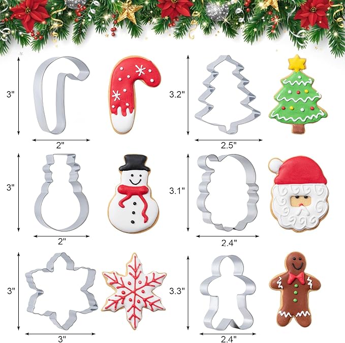Husfunov Christmas Cookie Cutters Set 6 Pieces,Stainless Steel Metal Cutter with Christmas Tree, Gingerbread Man, Snowman, Snowflake, Candy Cane, Santa Face Shapes for Holiday