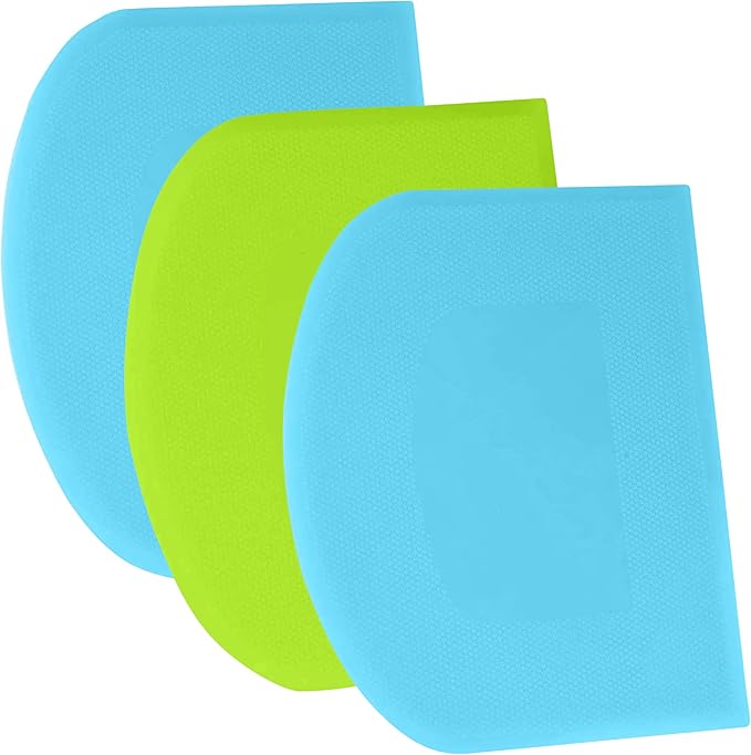 SURDOCA Dough Scraper Bench Scraper - 3P 9.5x6.1" Plastic Flexible Bowl Scraper, Sharp Edge & Angles Cake Scraper. Non-Slip Bakeware Decorating Tools Sculpting & Modeling Tools - Blue+Green+Blue