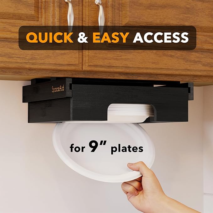 SpaceAid 9-inch Paper Plate Dispenser (Need 10.2 Inches Deep Cabinet Space) Under Cabinet Bamboo Plates Holder, Kitchen Vertical Dipensers Caddy, Black