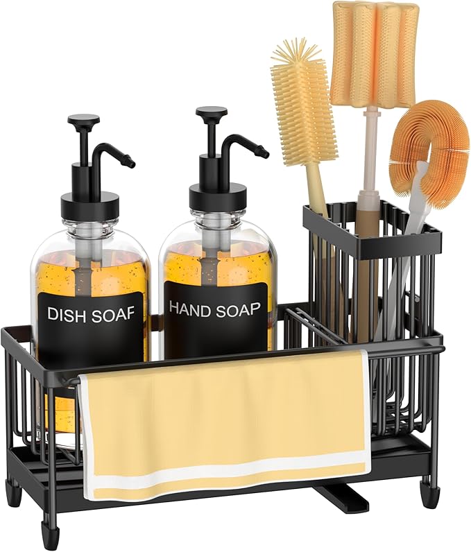 Kitchen Soap Dispenser Set with Sponge Holder and Towel Rack, 17OZ Glass Bottle, Hand and Dish Soap Dispenser Set, Non-Slip Silicone Pad, Brush Holder, Sink Organizer Countertop (Transparent)