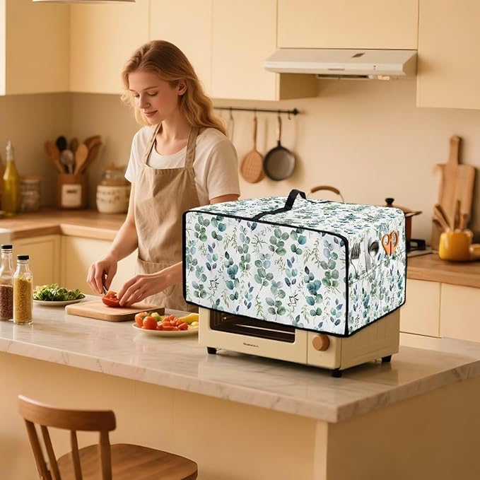 Countertop Convection Oven Cover Decorative and Protective Air Fryer Toaster Oven Dust Cover for Home Kitchen Indoor Decor, M, Eucalyptus Leaf Green White