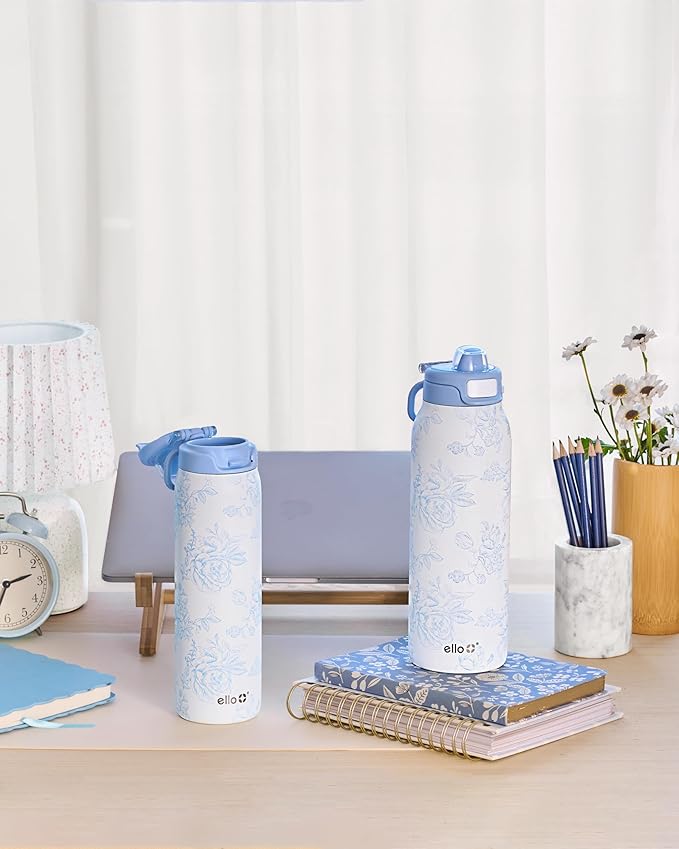 Ello Pop & Fill 22oz Stainless Steel Water Bottle with QuickFill Technology, Double Walled and Vacuum Insulated Metal, Leak Proof Locking Lid, Straw and Chug, Reusable, BPA Free, Porcelain Rose