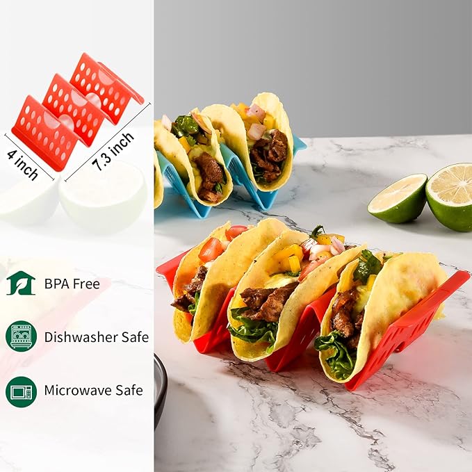 Premium Taco Holder Stand, Colorful Large Taco Holders Set of 6 or 4, Taco Stands for 3 Tacos for Soft/Hard Shells, Street Taco Rack with Plates & Tray, Dishwasher & Microwave Safe