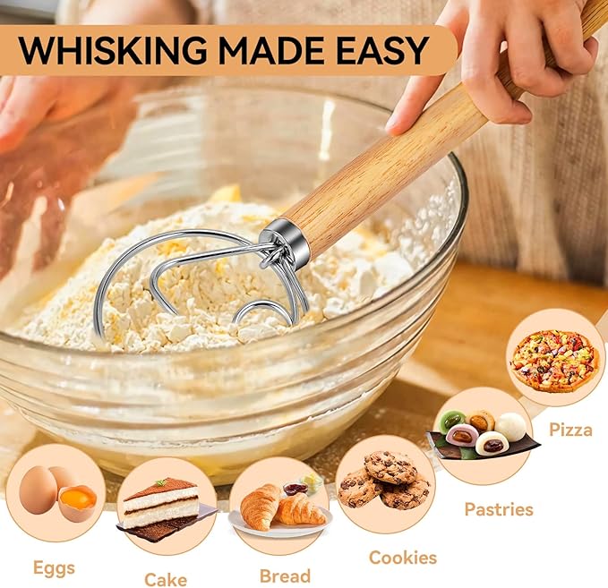 TEEVEA Danish Dough Whisk Stainless Steel Hook Dutch Bread Mixer for Sourdough Baking Tools