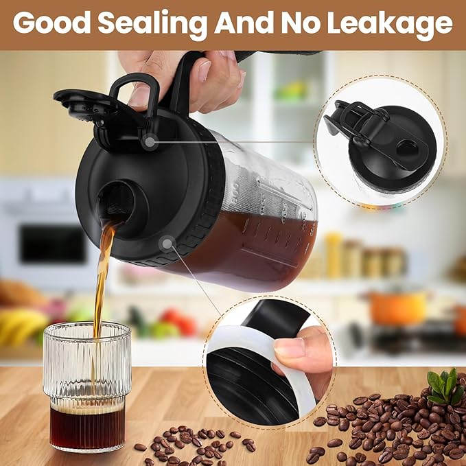 Cold Brew Coffee Maker,32 Oz Mason Jar Pitcher with Stainless Steel Filter, Pour Spout Handle Lid, Heavy Duty Glass Airtight & Leak-Proof for Iced Coffee Tea Breastmilk Lemonade-Black