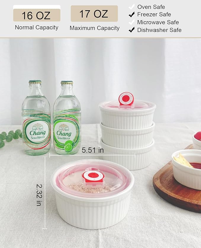 Ramekins 16 oz Oven Safe, Creme Brulee Ramekins with Lids, White Ceramic Souffle Dishes Ramekin, Mini Baking Bowls with Cover Set of 4, Ramekin Assorted Sizes - Dishwasher and Oven Safe