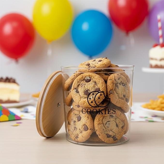 Cookie Jars with Wooden Lids Airtight, 2L Plastic Cookie Tin, Wide Mouth Candy Jar, Kitchen Counter Food Storage Container, Cute Jar for Gift Giving, BPA-Free, Round, Clear
