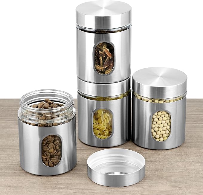 QWORK 6 Pack 20 oz Stainless Steel Glass Kitchen Canisters Set, Airtight Food Storage Containers with Window, for Flour Cookies Spices Grains