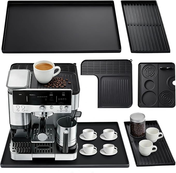 4-in-1 Silicone Coffee Mat Set for Ninja Luxe Cafe Espresso Machine ES601/ ES701,24×16"Coffee Bar Mat with Raised Edge+Top Mat+Espresso Tamper Mat,Anti-Slip Heat-Resistant Waterproof Coffee Accessorie