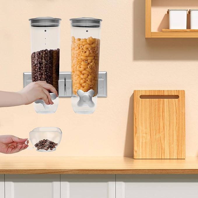 Wall-mounted Food Dispenser, 3L 2 Buckets Coffee Bean Candy Rice Dispenser, Dry Food Dispenser Cereal Dispenser Grain Storage Dispenser for Home, Kitchen, Countertop, Cutlery Rack (White)