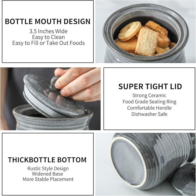 HASENSE Food Storage Contaister with Lid, Ceramic Airtight Sugar Canister for Kitchen, Small Coffee Cookie Jar for Grounds Coffee, Beans, Tea, Flour, Cereal, 30 FL OZ(Grey)