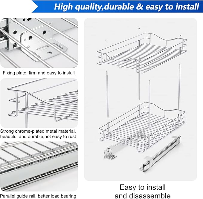 Fulgente Chrome Finish Pull Out Drawers Cabinet Organizer, Professional Large Wire Basket Frame 2 Tier Heavy Duty Slide Out Kitchen Storage Organizations Shelves Sliding Pantry 11"W x 18"D x 15.12"H