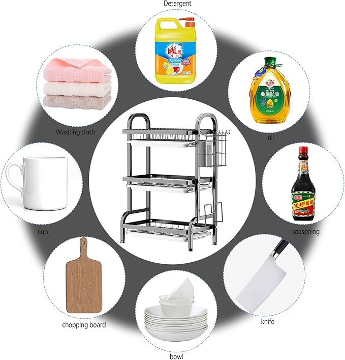Goldmeet 3 Tier Dish Drying Rack, Large Stainless Steel Over The Sink Dish with Drain Tray, Kitchen Dishes Drying Racks, Dish Racks for Kitchen Counter Storage (Black)