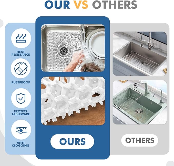 Bestjing 2 Pack Silicone Sink Protectors for Kitchen Sink with Center Drain, 13.58''x 11.6'' Non-Slip Heat Resistant Mat Grid for Bottom of Stainless Steel Porcelain, Dishwasher Safe (White)