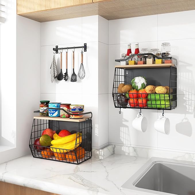 Wawocs Magnetic Shelf for Fridge with Wood Lid, 2 Tier Fruit Baskets Wall Mounted Hanging Basket with 4 Hanger Hooks, Potato and Onion Magnetic Storage Bins for Kitchen Counter, Refrigerator, Cabinet