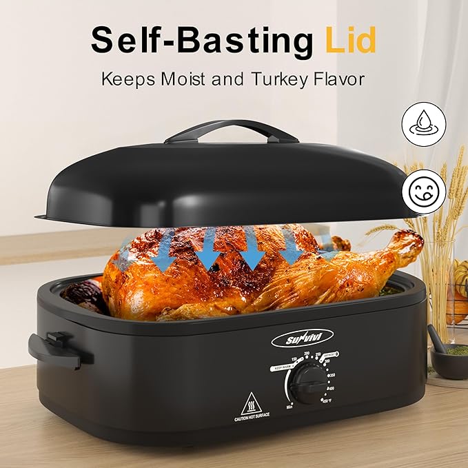 14 Quart Roaster Oven with Self-Basting Lid, with Removable Roasting Rack, Turkey Defrost & Warm Function, Adjustable Temperature, Stainless Steel, Black