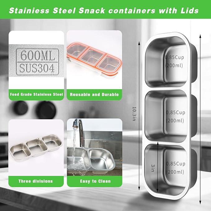 Stainless Steel Snackle Container For Adults, Reusable Bento Lunch Box Snack Containers,3 Compartment Divided Food For Home Work Travel