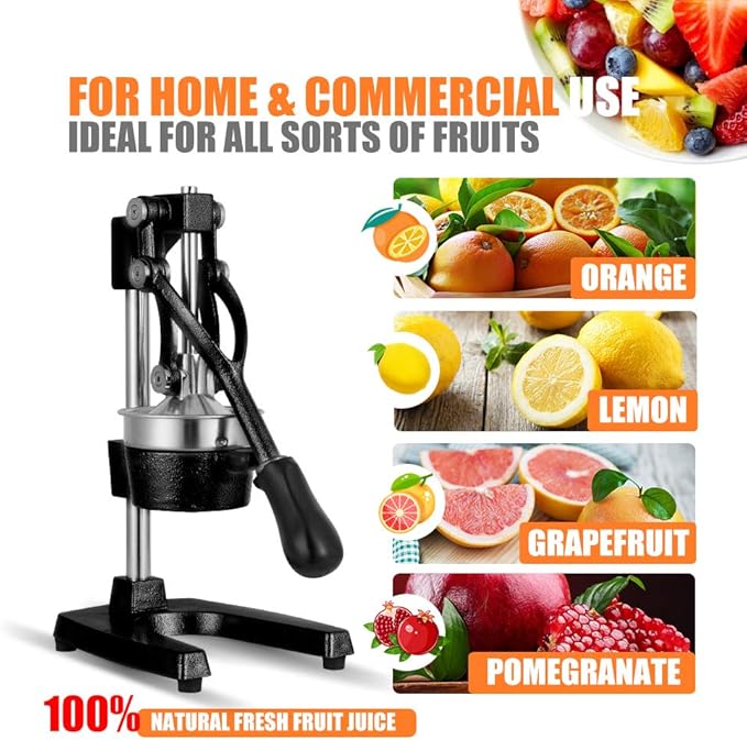 Commercial Heavy Duty Cast Iron Hand Press Manual Orange Citrus Lemon Lime Grapefruit Pomegranate Fruit Juice Squeezer Machine with Stainless Steel Cup Black