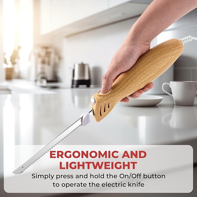 Prikoi Electric Knife - Carving Knife Set, Easy-Slice Serrated Edge Blades for Meat, Bread, Turkey, Ribs, Fillet, DIY, Ergonomic Handle + 2 Blades for Raw & Cooked Food New Upgrade(Faux Wood)