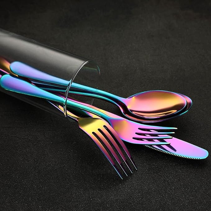 Rainbow Silverware Set Flatware Cutlery - 30 Pieces Stainless Steel Colorful Utensils, Tableware Set Service for 6, Include Knife/Fork/Spoon, Reusable, Mirror Polished, Dishwasher Safe