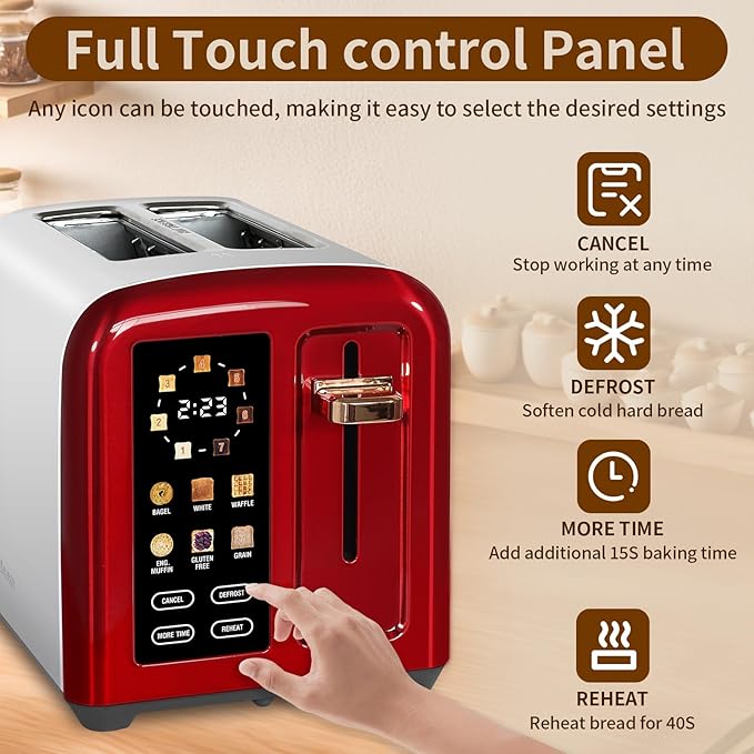 SEEDEEM Toaster 2 Slice, Full Touch Control Stainless Toaster, LCD Display, 50% Faster Heating Speed, 6 Bread Type, 7 Shade Setting, 1.5''Wide Slots, Removable Crumb Tray, 1350W, Dark Cherry