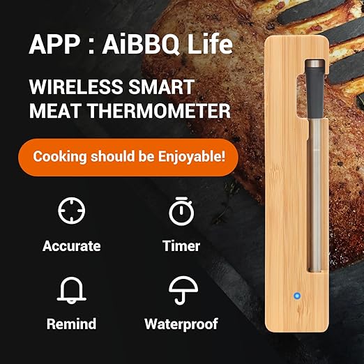 Wireless Meat Thermometer Digital, Long Range Bluetooth 5.2 with App Control, Compatible with iOS & Android, IP68 Waterproof, Fast Charging & Magnetic Smart Food Thermometer for Oven Grill BBQ Smoker