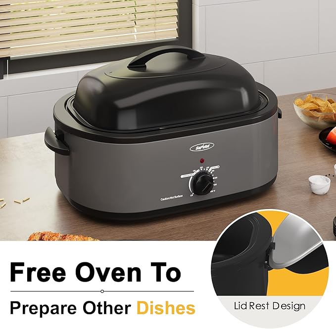 Royalcraft Roaster Oven with Self-Basting Lid, 18qt Electric Roaster with Removable Pan & Rack, Turkey Roaster Oven with Defrost & Warm Function, Stainless Steel, Grey