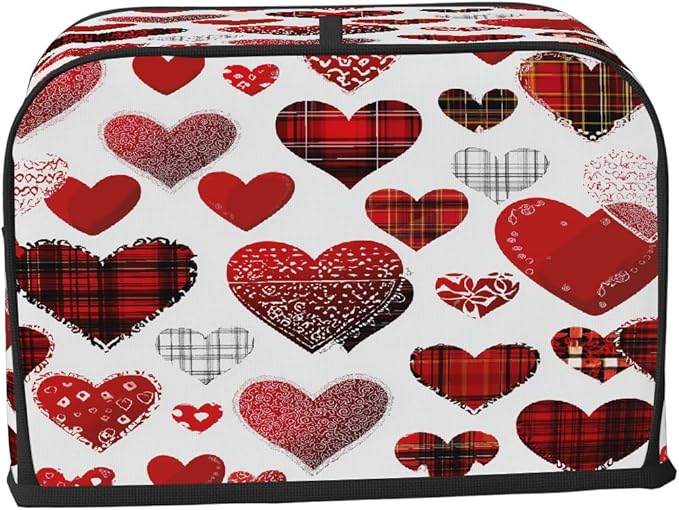 4 Slice Toaster Cover,Valentine's Day Buffalo Heart Small Kitchen Appliance Bread Machine Cover with Pockets,Dust & Fingerprint Protection