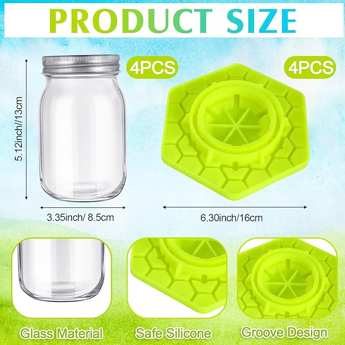 4 Pack Bee Feeder for Mason Jar Bee Watering Station Garden Silicone Sugar Water Feeder Beekeeping Drinking Equipment Tools with Mason Jars for Drinking Water(Yellow,Hexagon)