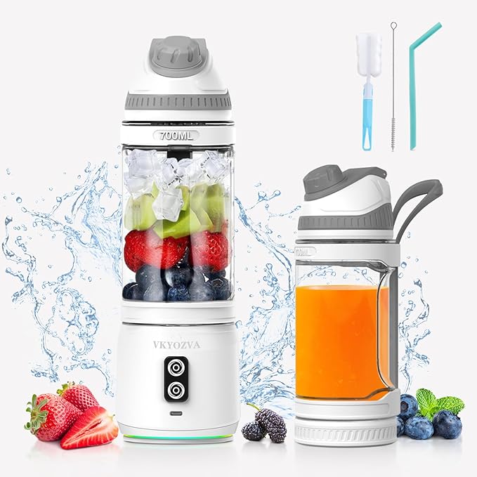 Portable Blender cordless, 24oz Blender Cup Sporty Bottle with Sip Spout, Travel blender for Shakes and Smoothies, USB-C Rechargeable, Mini Small Blenders (White Gray)