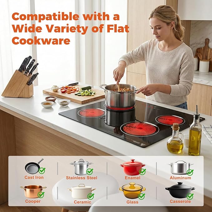 TOPWISH 24 Inch Electric Cooktop, 4 Burners Built-in Electric Stove Top Hot Plate, 6000W Drop-in Ceramic Cooktop Kitchen Stoves with Touch Control, Safety Lock, Timer, 220-240v (Hard Wired No Plug)