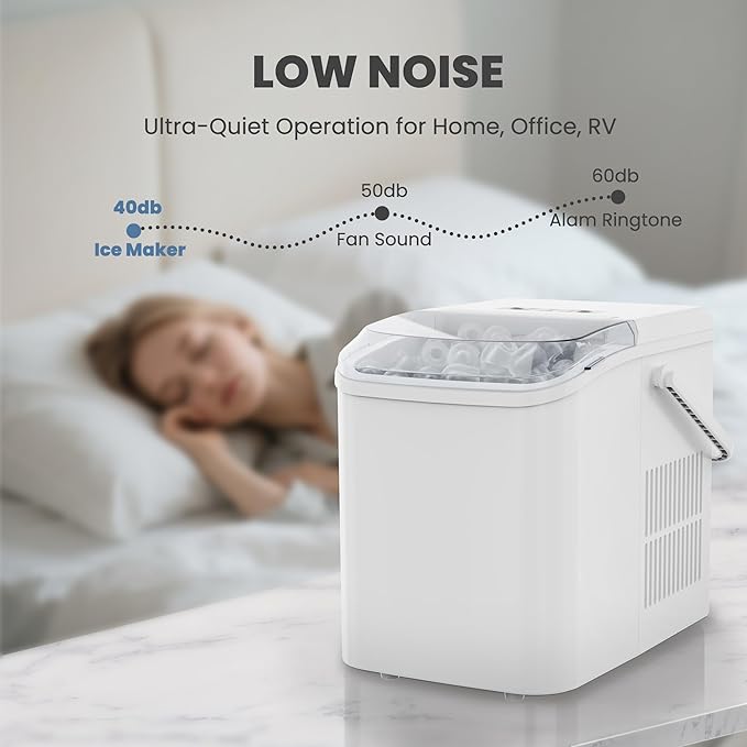 DUMOS Countertop Ice Maker with Handle, 26lbs/24H Portable Ice Machine, 9 Bullet Cubes Ready in 6 Mins, Self-Cleaning, Quiet Compact for Home, Kitchen, RV, Camping, Bright White