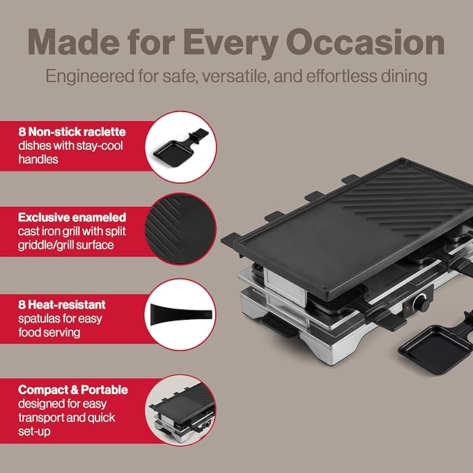 Swissmar Verso Indoor & Outdoor Raclette Grill with Cast Iron Reversible Griddle / Grill Top - 1700W Electric Raclette Set with PFAS-Free Nonstick Dishes, Variable Heat Control, 8-Person