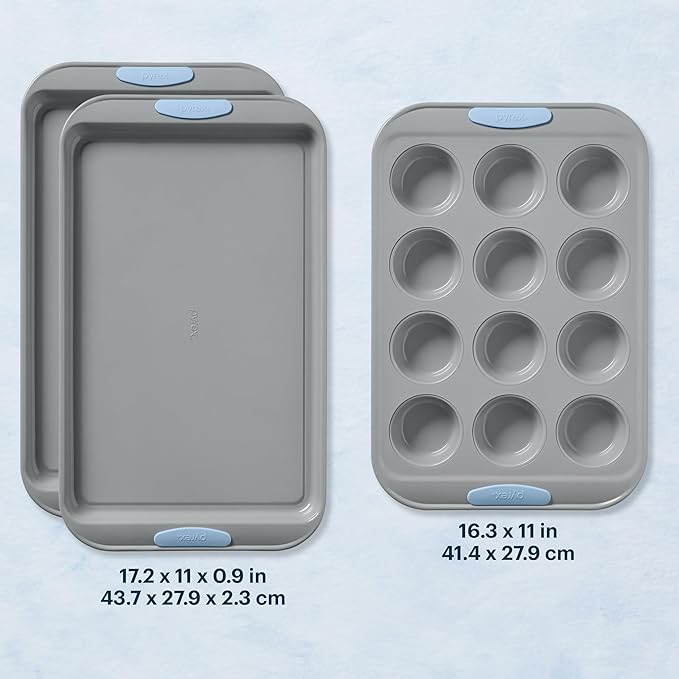 Pyrex (3-Piece) Metal Cookie & Muffin Sheet Bakeware Set, Lightweight Stainless Steel Baking Trays with Heatsafe Silicone Handles, Cookie Muffin Sheet Baking Pan, Cerulean