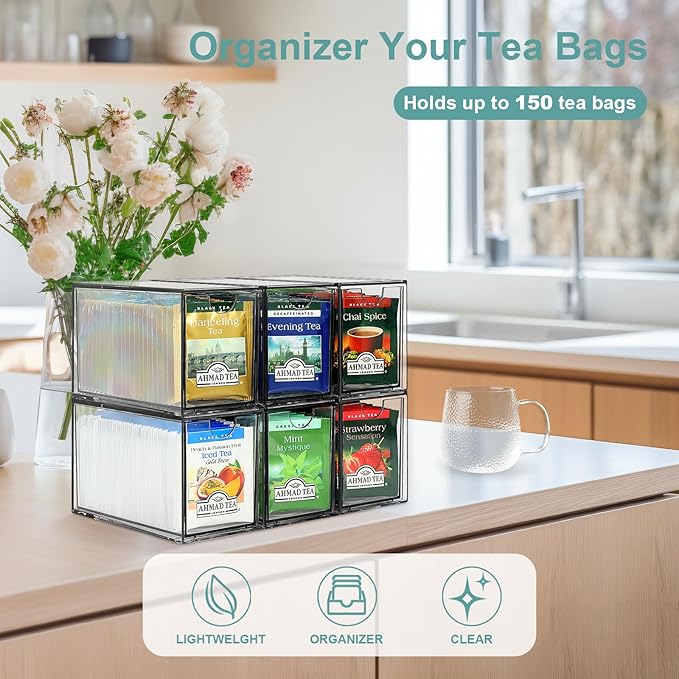 6 Tea Bag Organizer and Storage, Acrylic Tea Bag Holder Organizer, Plastic Tea Drawer Container for Cabinet
